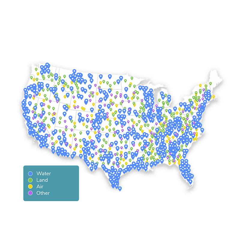 Map showing pins from cities where issues have been reported to Community Healthbook